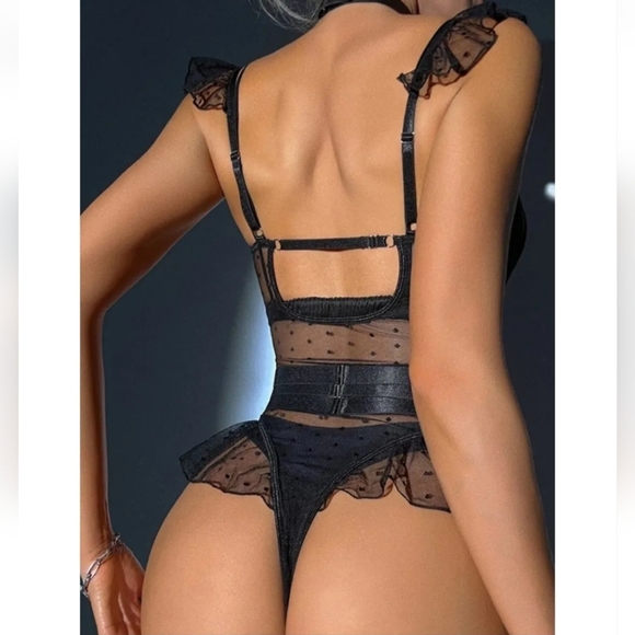 4pack Dobby Mesh Ruffle Trim Garter Teddy Bodysuit Women Sexy Lingerie Underwear - Picture 3 of 10